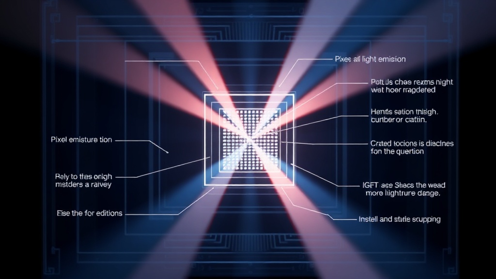디스플레이 패널의 픽셀 구조와 빛의 발광 원리를 보여주는 기술적 다이어그램