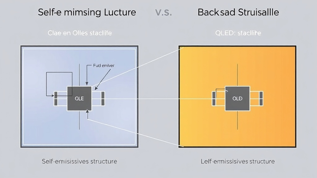 OLED의 자발광 구조와 QLED의 백라이트 구조 차이를 설명하는 기술 도식