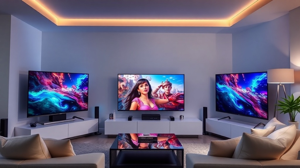 다양한 스마트 TV 패널이 거실 환경에 배치되어 화질을 비교하는 장면